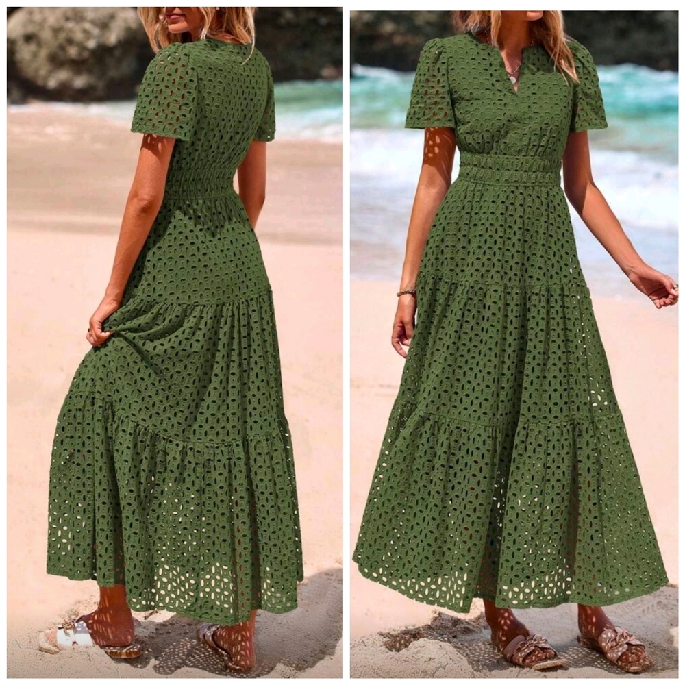 New Boho Cotton Embroidered Eyelet Lace Tiered Maxi Dress Olive Green